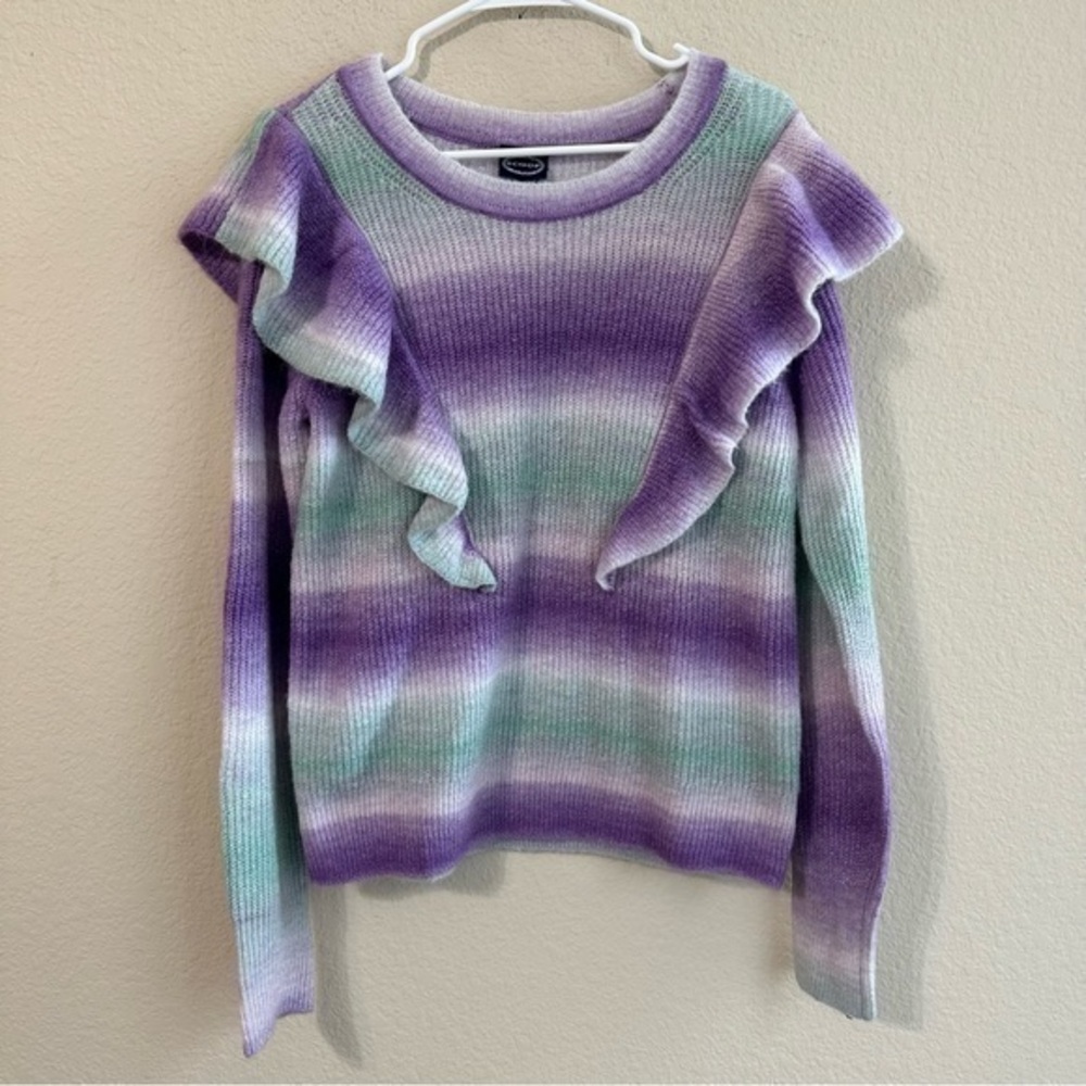 Scoop Sweater Purple Space Dyed Striped Ruffle Detail Long Sleeve Knit Top NWT
